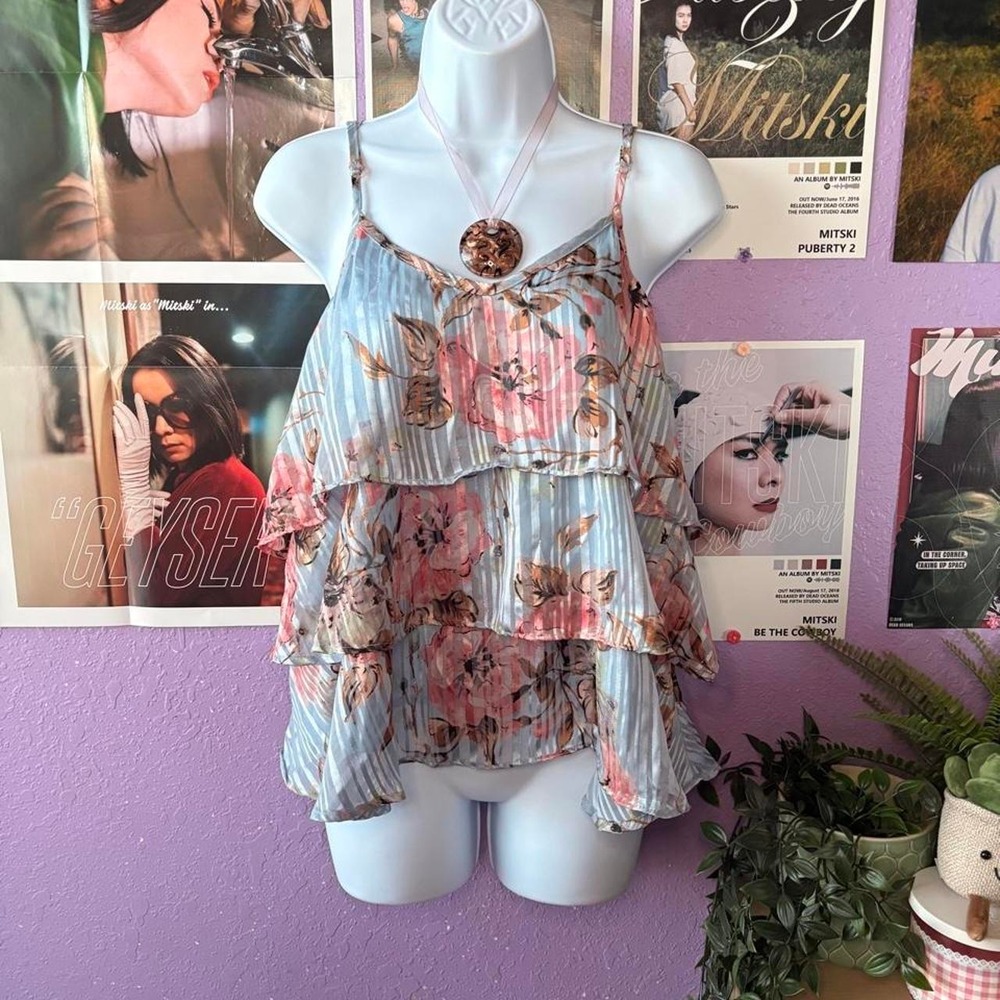 Cassee's Sparkly Blue Floral Tiered Ruffle Cami Tank Top 2X Plus Size